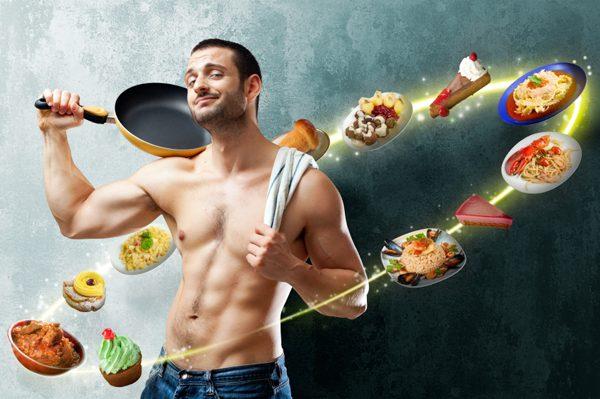 A handsome muscular cook posing with a pan on his shoulder on a textured backgroung with food floating all around into a circle of lights